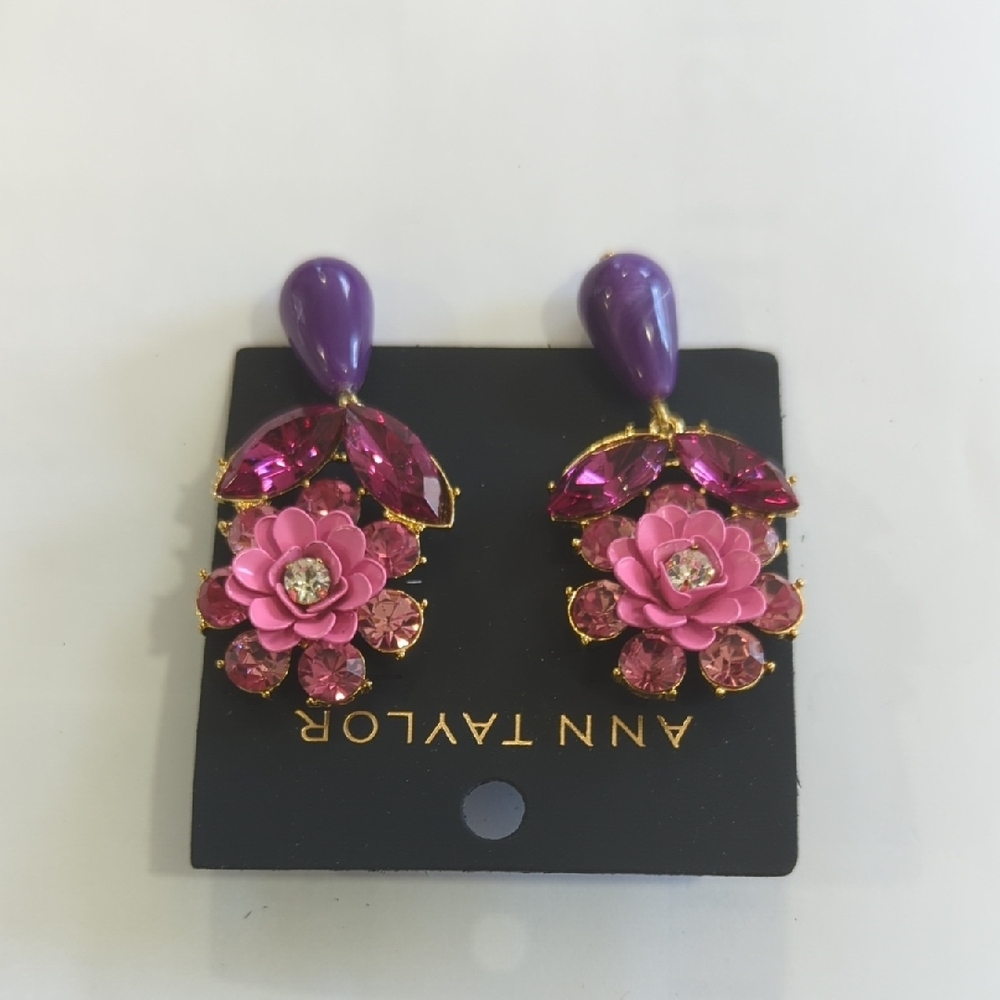 Ann Taylor Pink and Purple Flower Drop Earrings with Gold Accents - Picture 4 of 7